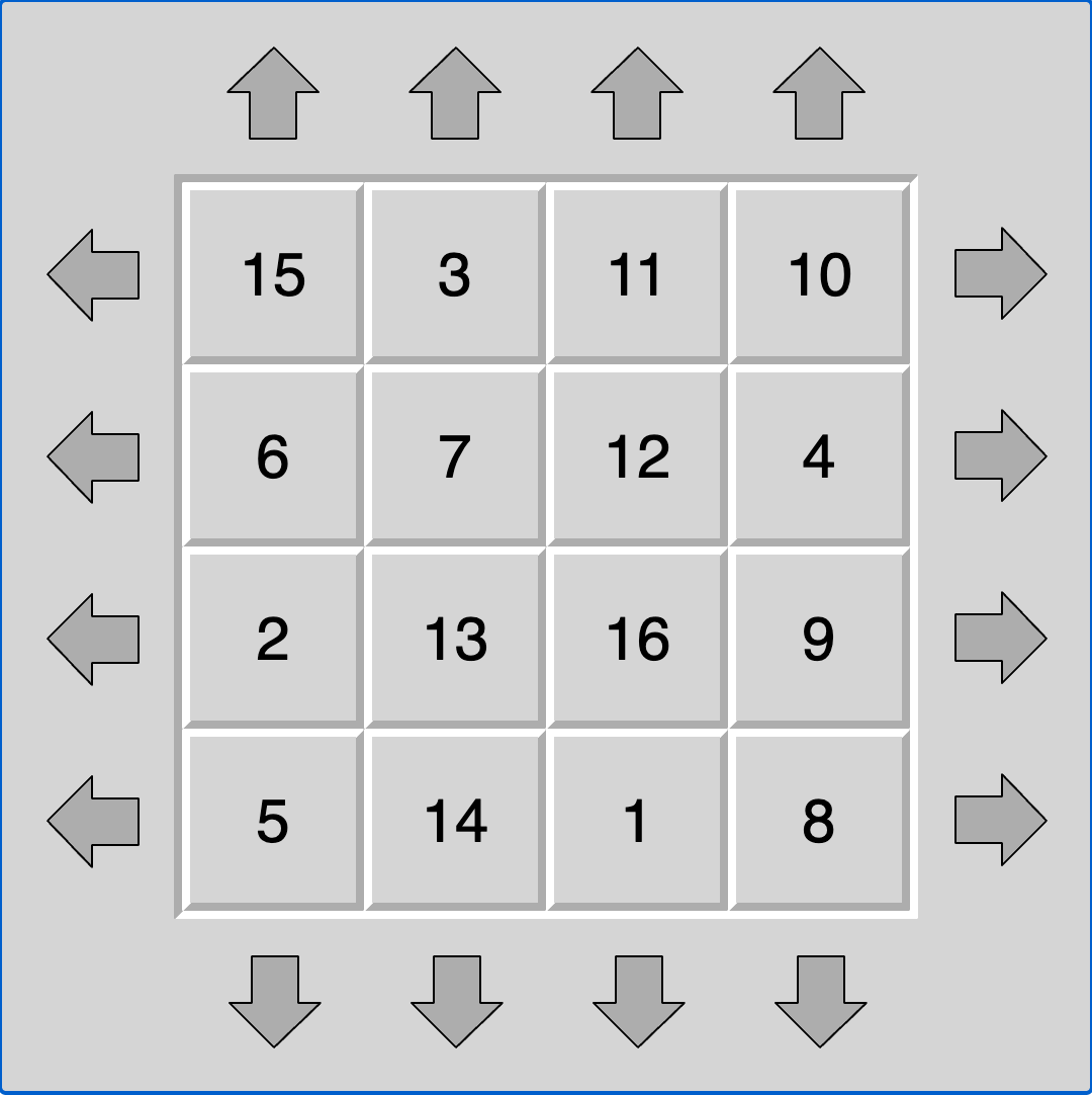 Sliding row puzzle (Sixteen) running in the browser
